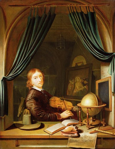 A Musician Playing a Violin by a Draped Casement by Pieter Cornelisz van Egmont